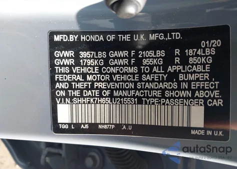 2020 Honda Civic Ex из США, поврежденный, VIN SHHFK7H65LU215531